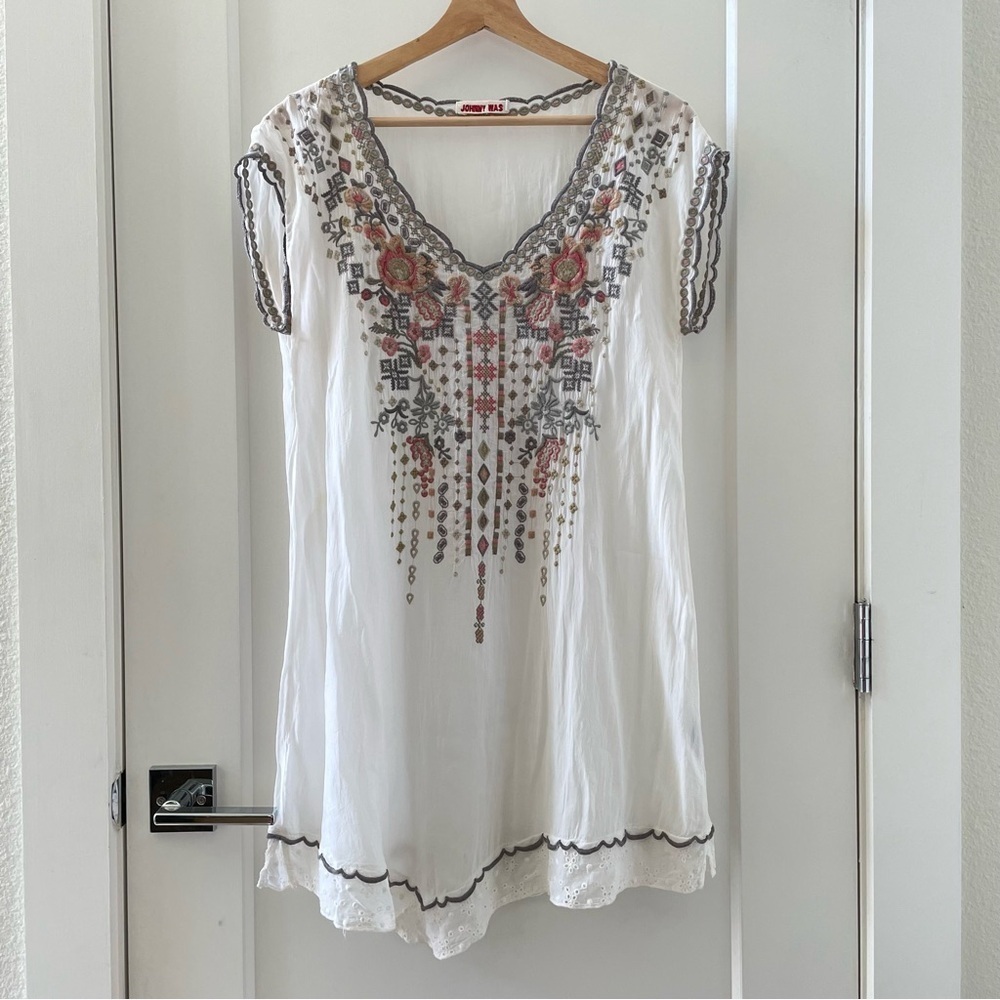 Johnny Was Sheer Embroidered Capped Sleeves Floral Tunic Size XS